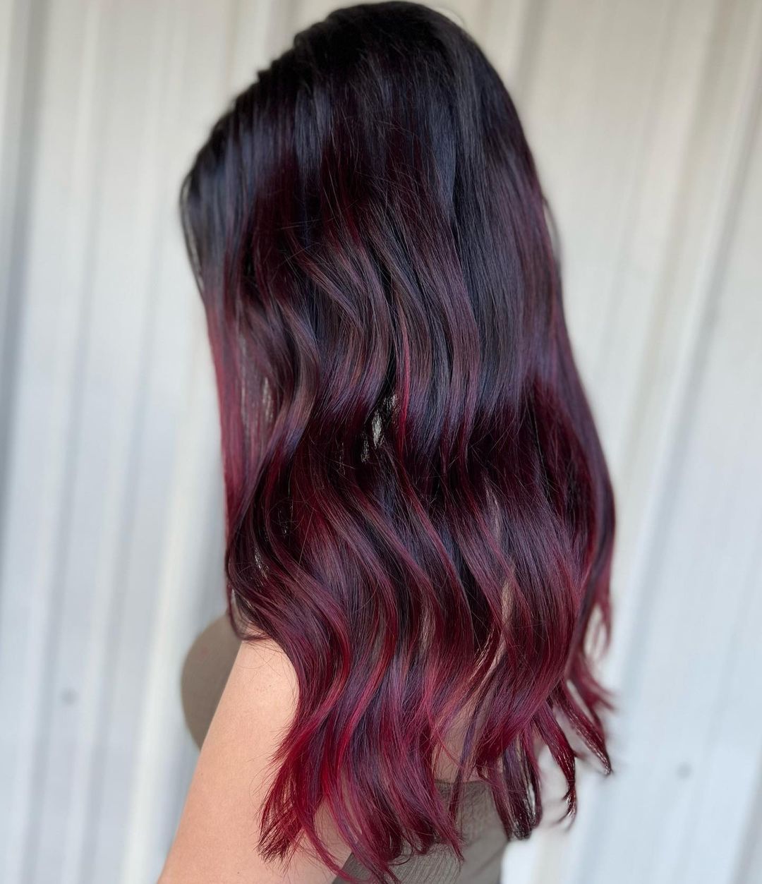 Burgundy Ombre Highlights on Black Hair